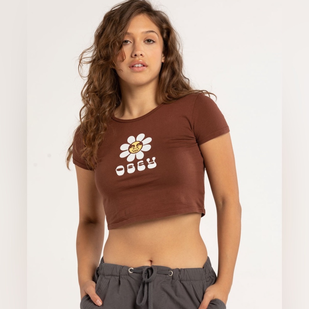 NWT Obey Icon Flower Cropped T-Shirt - Brown - L